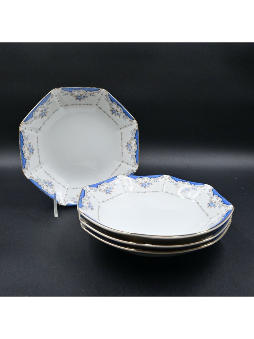 Seizan Mood Indigo 7936 Bowls Japan Octagonal Blue Floral Vintage Set Of 4